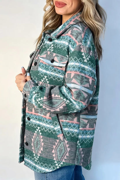Geometric Print Button Front Long Sleeve Shacket