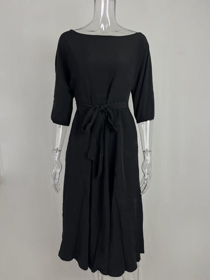 Boat Neck Tie Waist Midi Dress