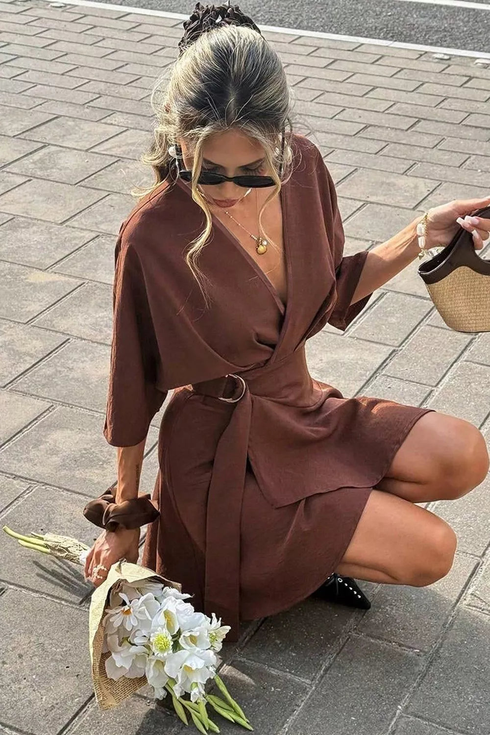 Surplice Half Sleeve Mini Dress