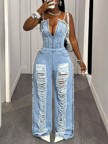 Distressed Spaghetti Strap Wide-Leg Denim Jumpsuit