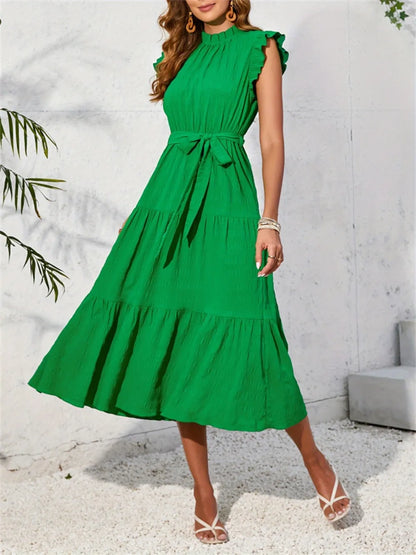 Ruffled Cap Sleeve Midi Mock Dress