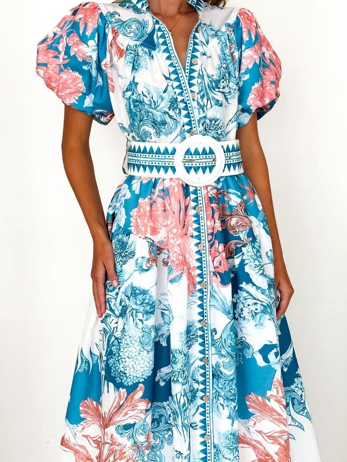 Printed Puff Sleeve Midi Dress