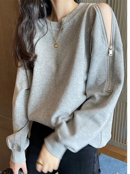 Women's cold-shoulder cotton sweatshirt with zipper details