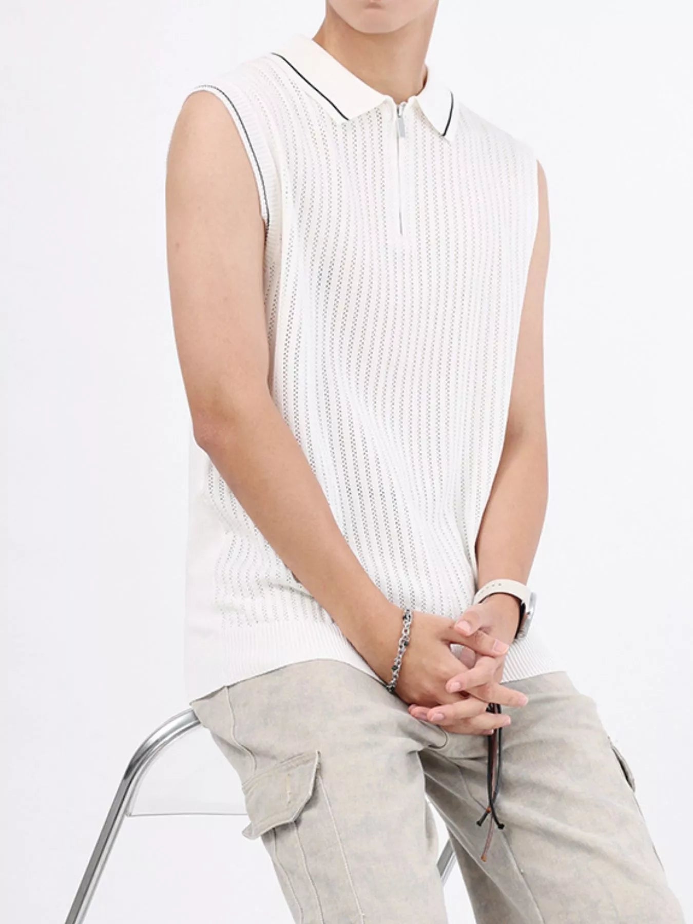 Men's Plus Size Knitted Polo Collar Zip-Up Sleeveless Top