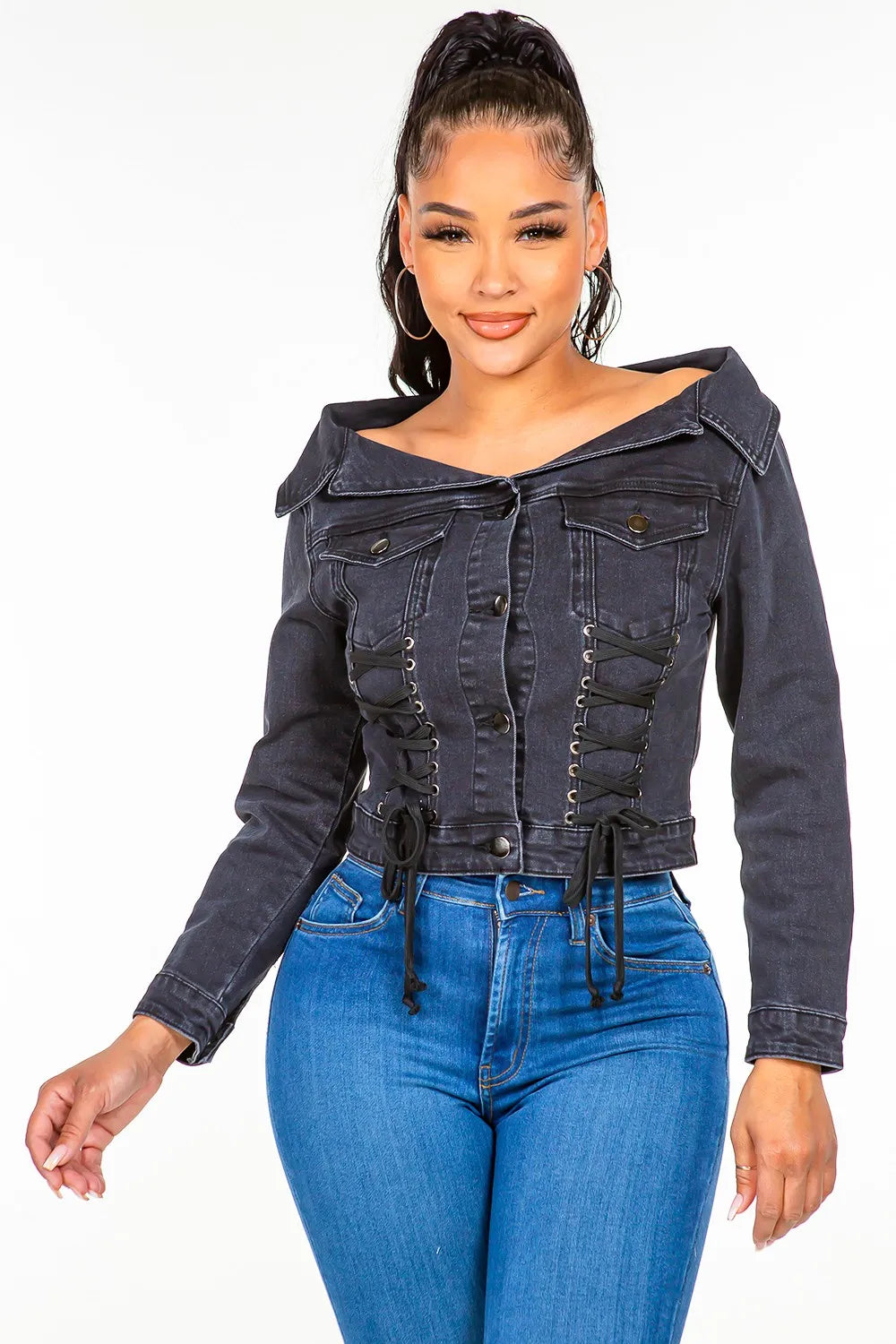 American Off Shoulder Lace Up Denim Jacket