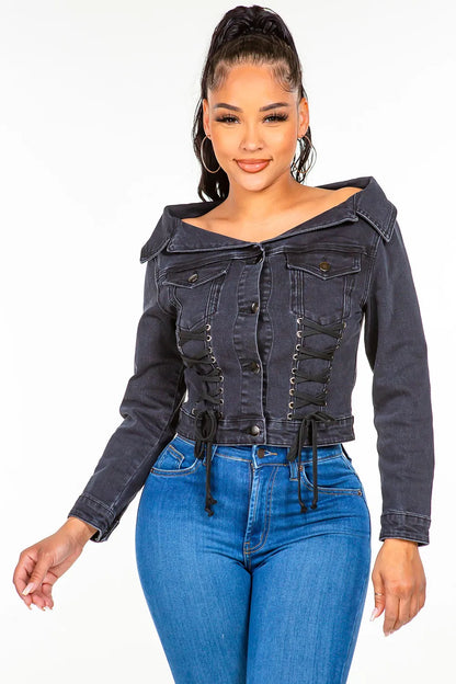 American Off Shoulder Lace Up Denim Jacket