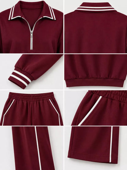 Striped Half-Zip Top and Pants Set with Pockets