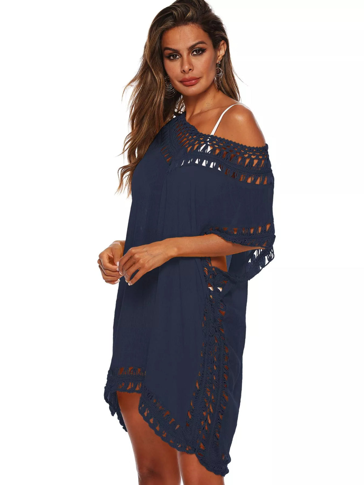 V-neck crochet cover-up dress in Navy Blue