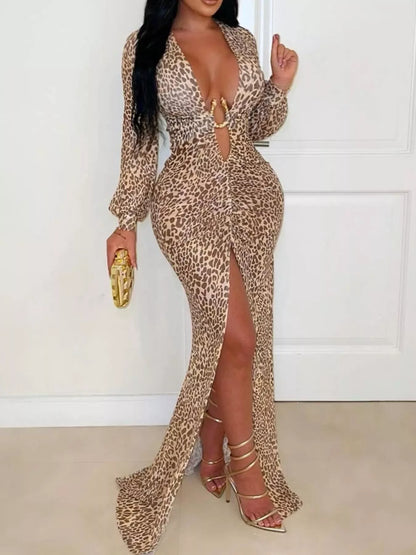 Leopard print long sleeve high slit maxi dress