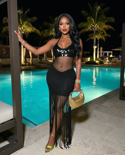 Knitted hand hook perspective sequin fringe strap beach skirt