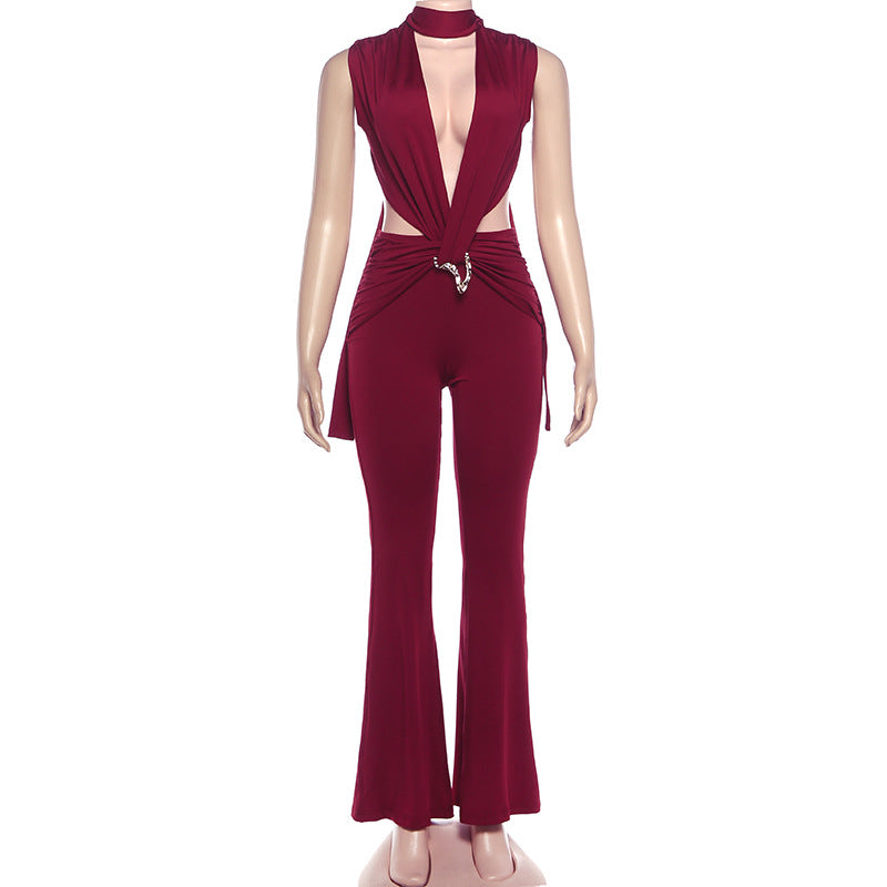 Sleeveless deep V cut hip hugging jumpsuit