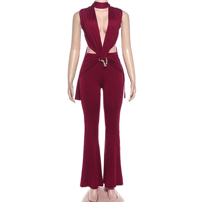 Sleeveless deep V cut hip hugging jumpsuit