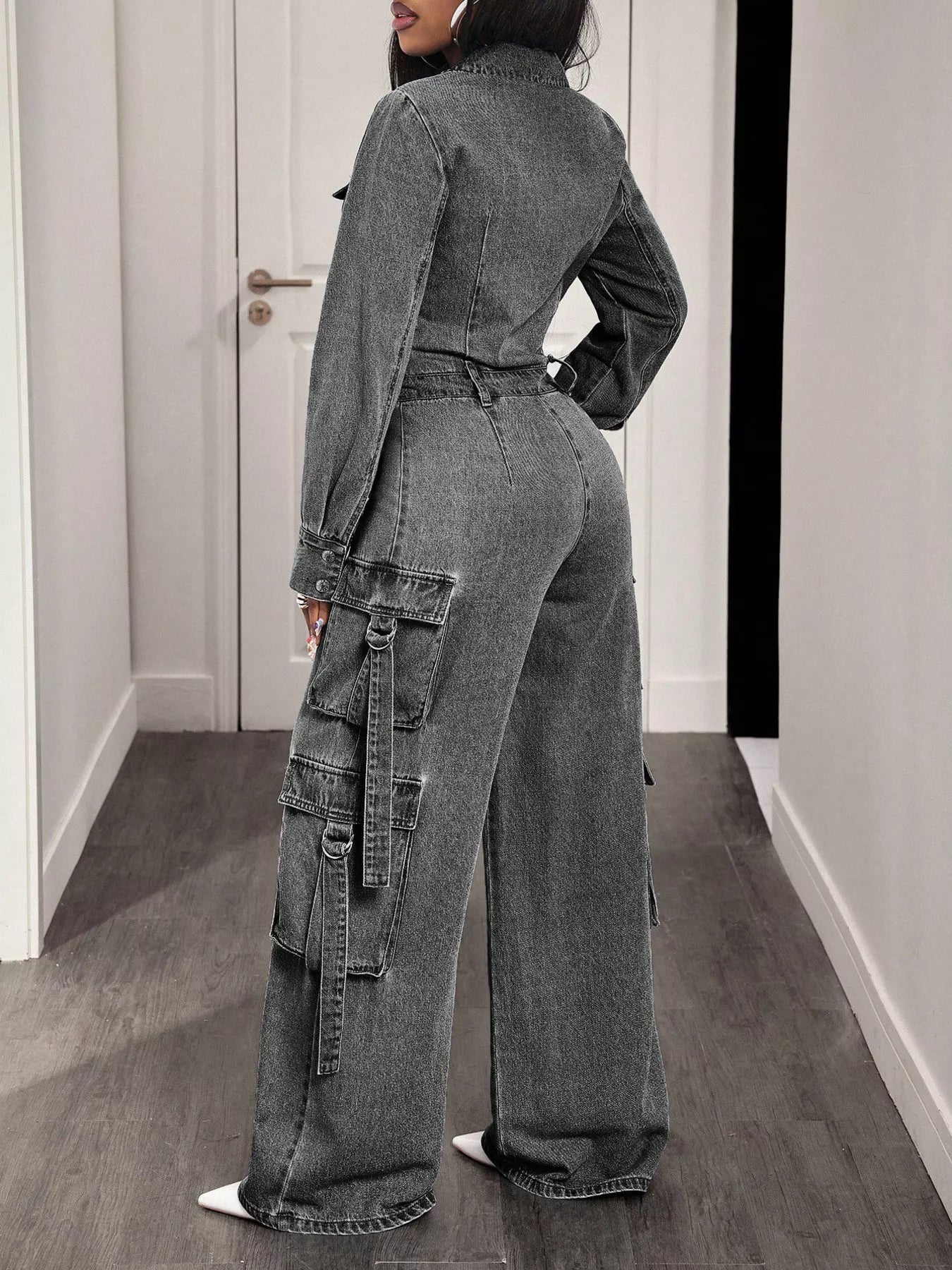 Zip Front Wide Leg Cargo Denim Jumpsuit