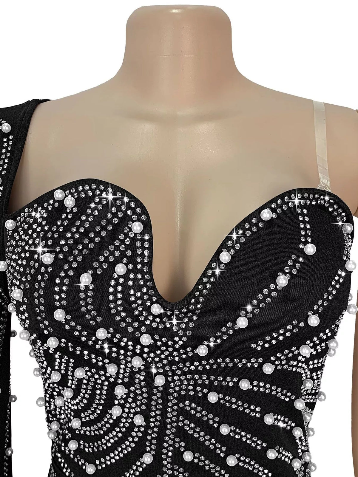 Rhinestone Pearl Detail One-Shoulder Mermaid Maxi Dress