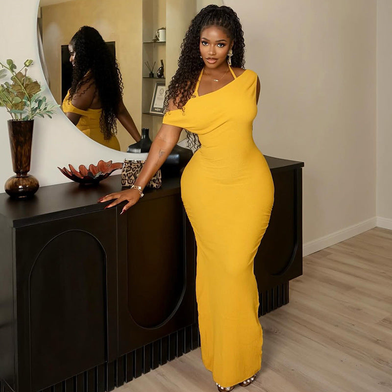 Backless Hanging Neck Slit Long Dress