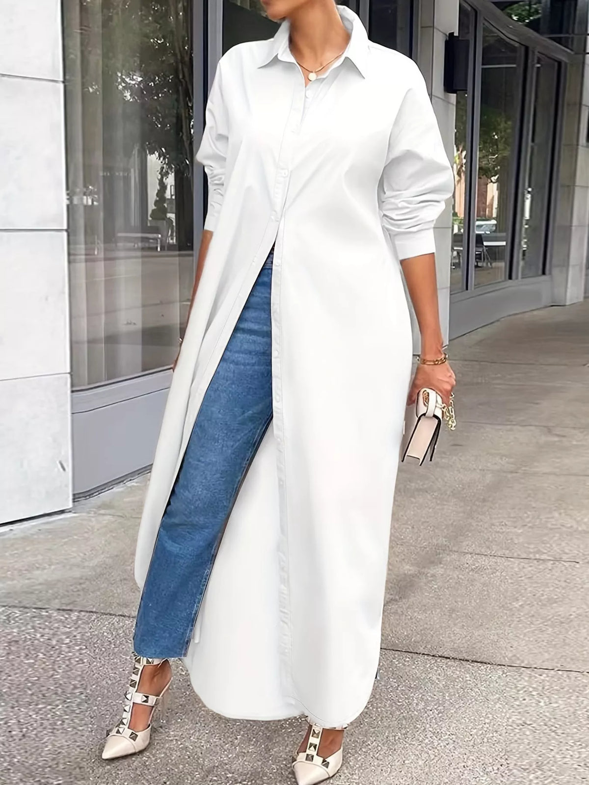 Plus size longline button-down shirt, view 2