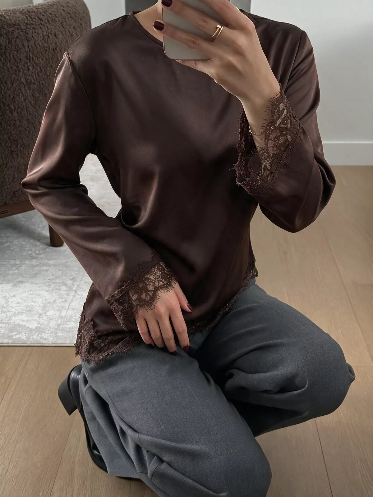 Plus size lace-trim satin blouse, view 2