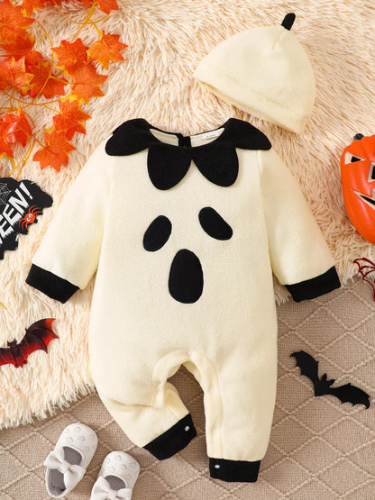 Children's Halloween Ghost Print Long Sleeve Jumpsuit and Hat Set