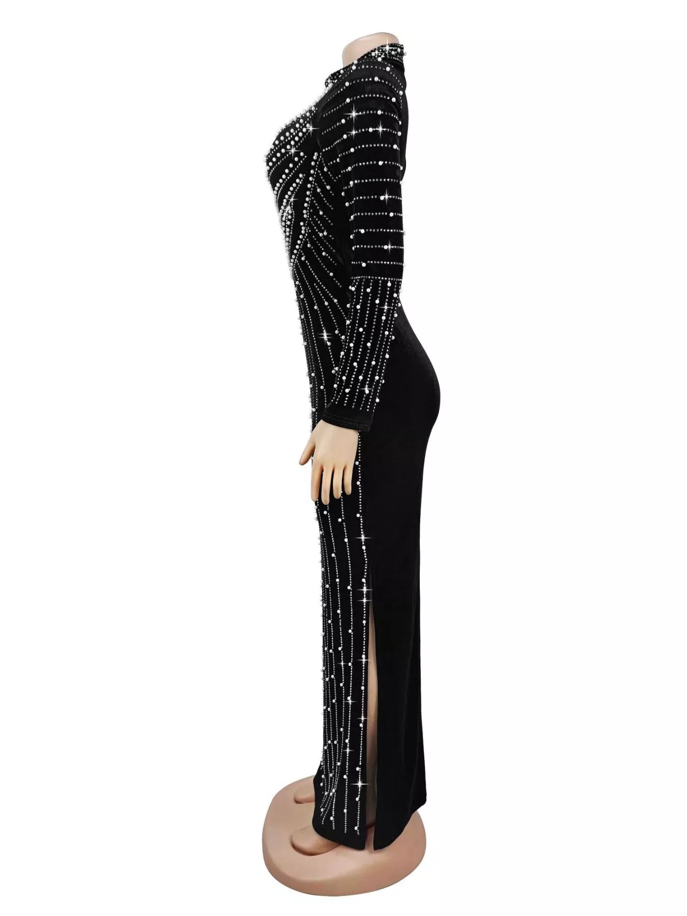 Rhinestone Embellished Mock Neck Long Sleeve Maxi Dress
