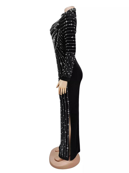 Rhinestone Embellished Mock Neck Long Sleeve Maxi Dress