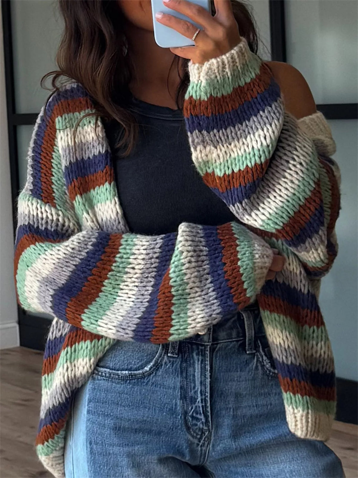 Multi-Color Striped Chunky Knit Open-Front Cardigan