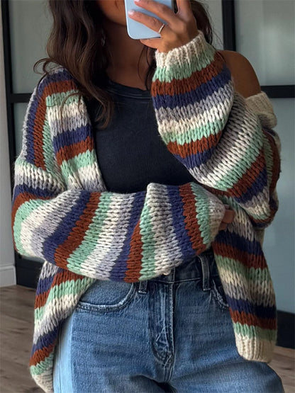 Multi-Color Striped Chunky Knit Open-Front Cardigan