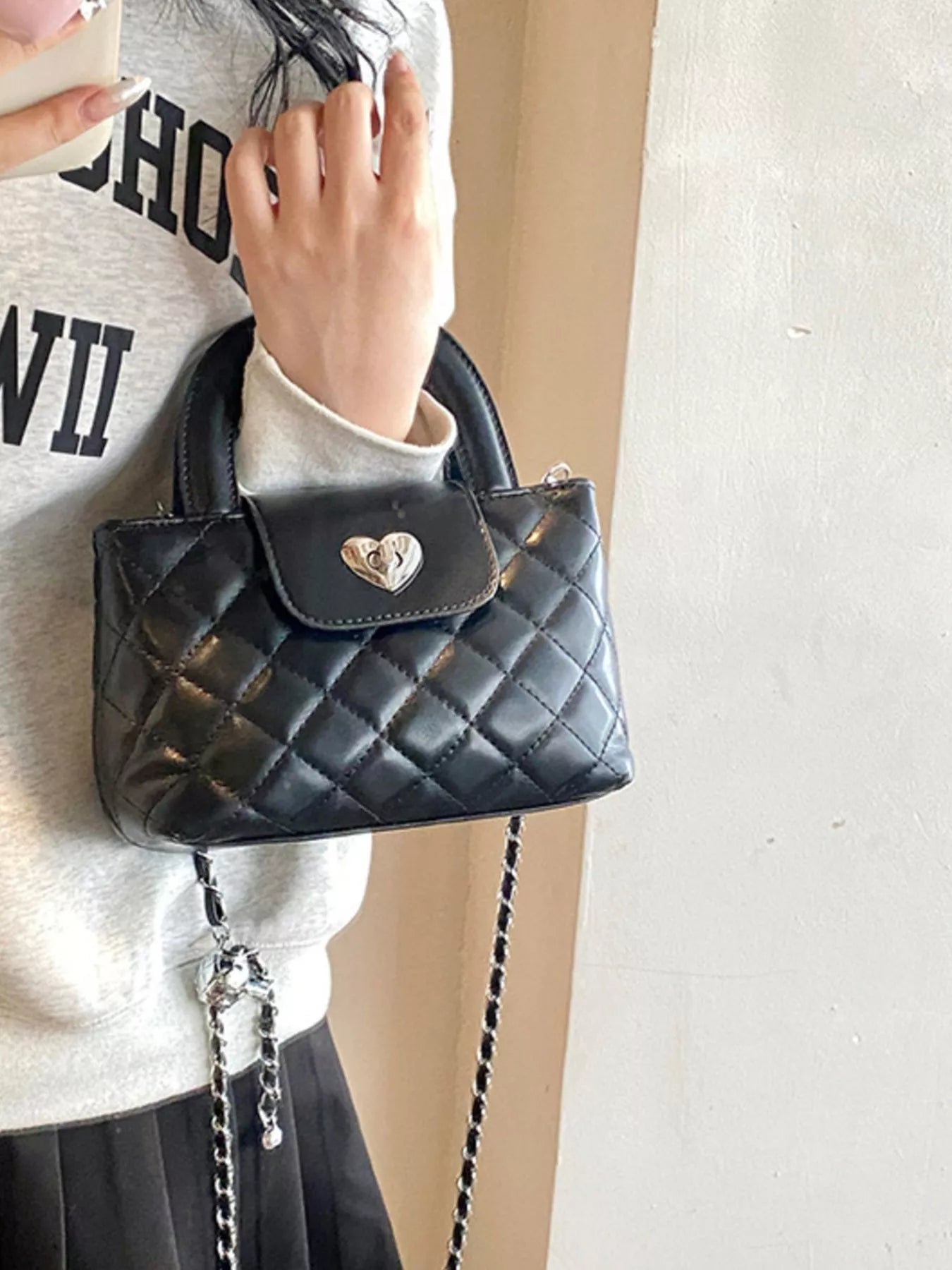 Quilted Heart Lock Crossbody Bag