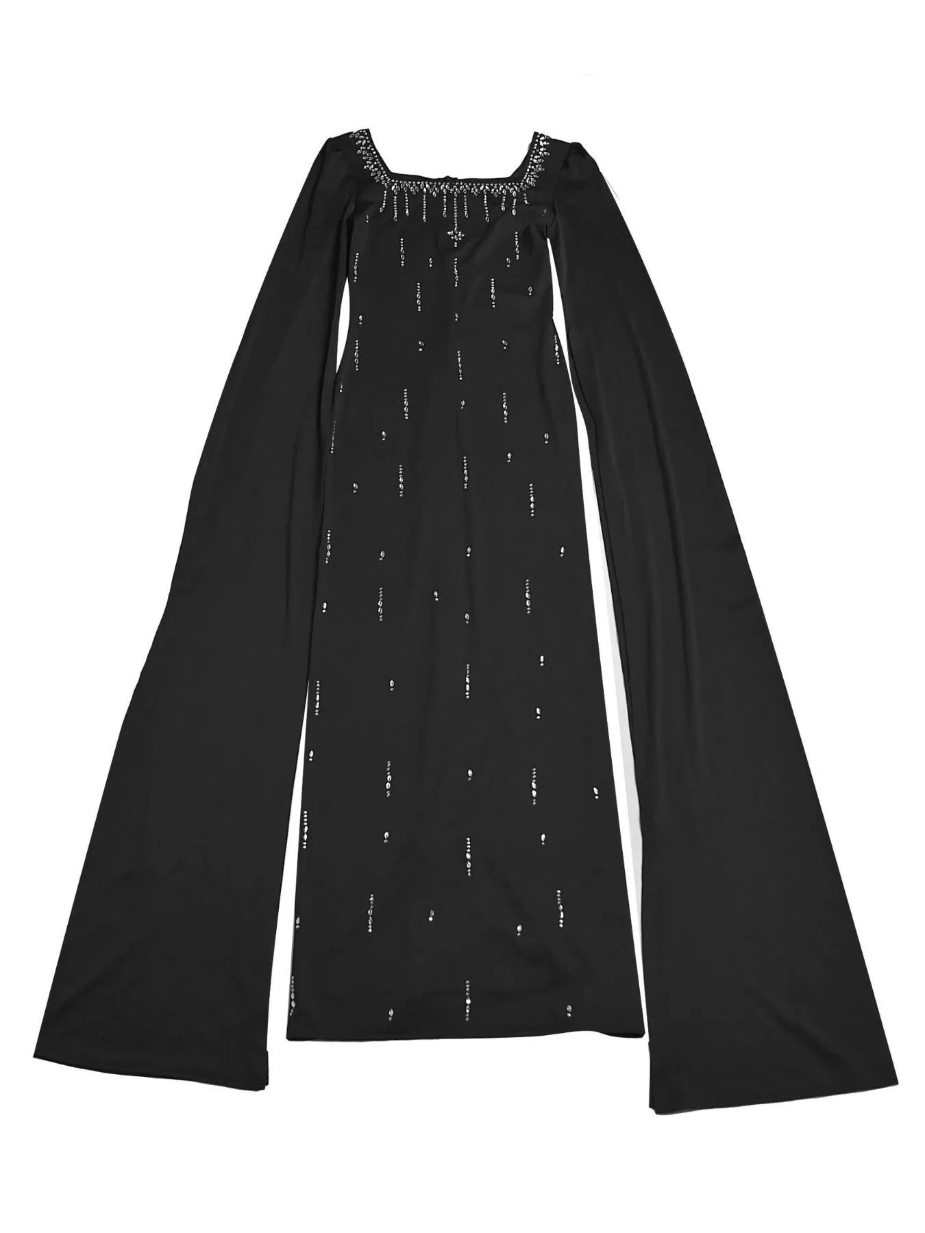 Rhinestone Square Neck Slit Sleeve Maxi Dress