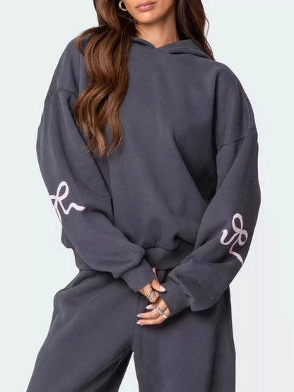 Bow and Heart Dropped Shoulder Hoodie and Pants Set