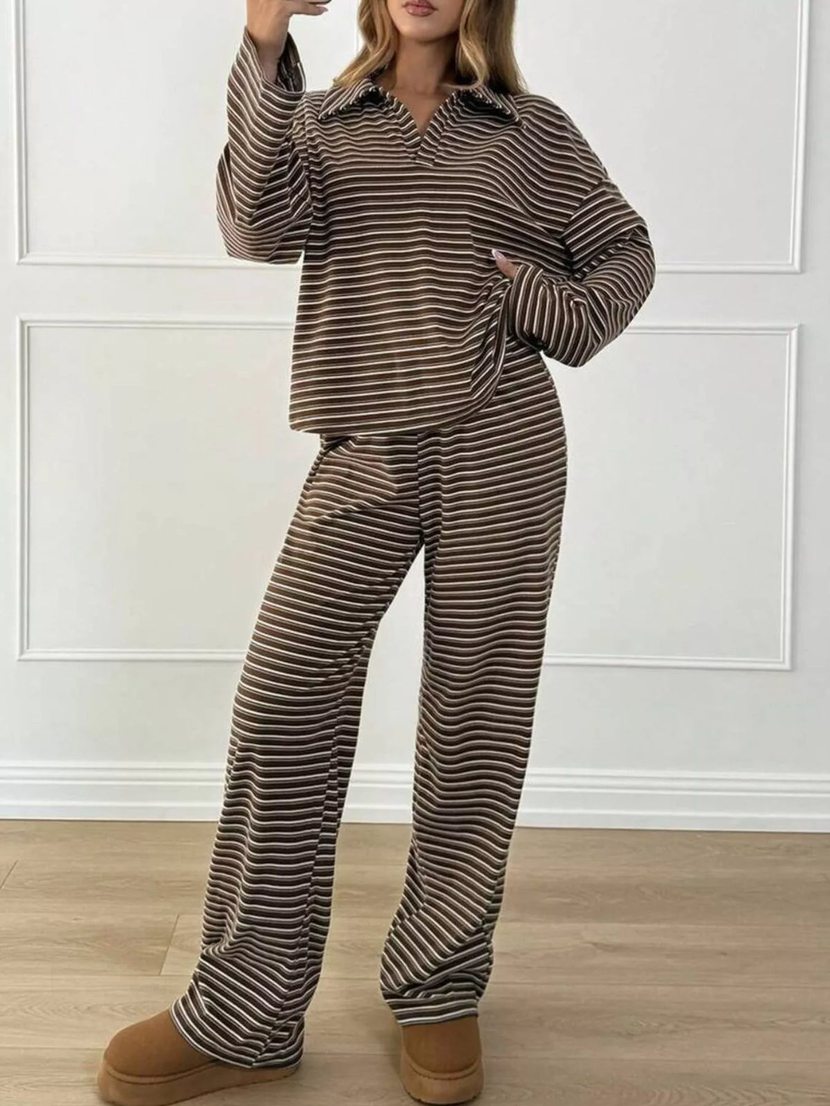 Striped polo top and pants set, view 8