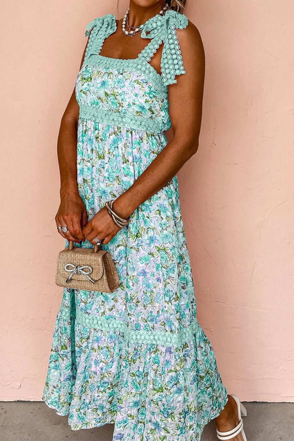 Square Neck Lace Detail Floral Dress