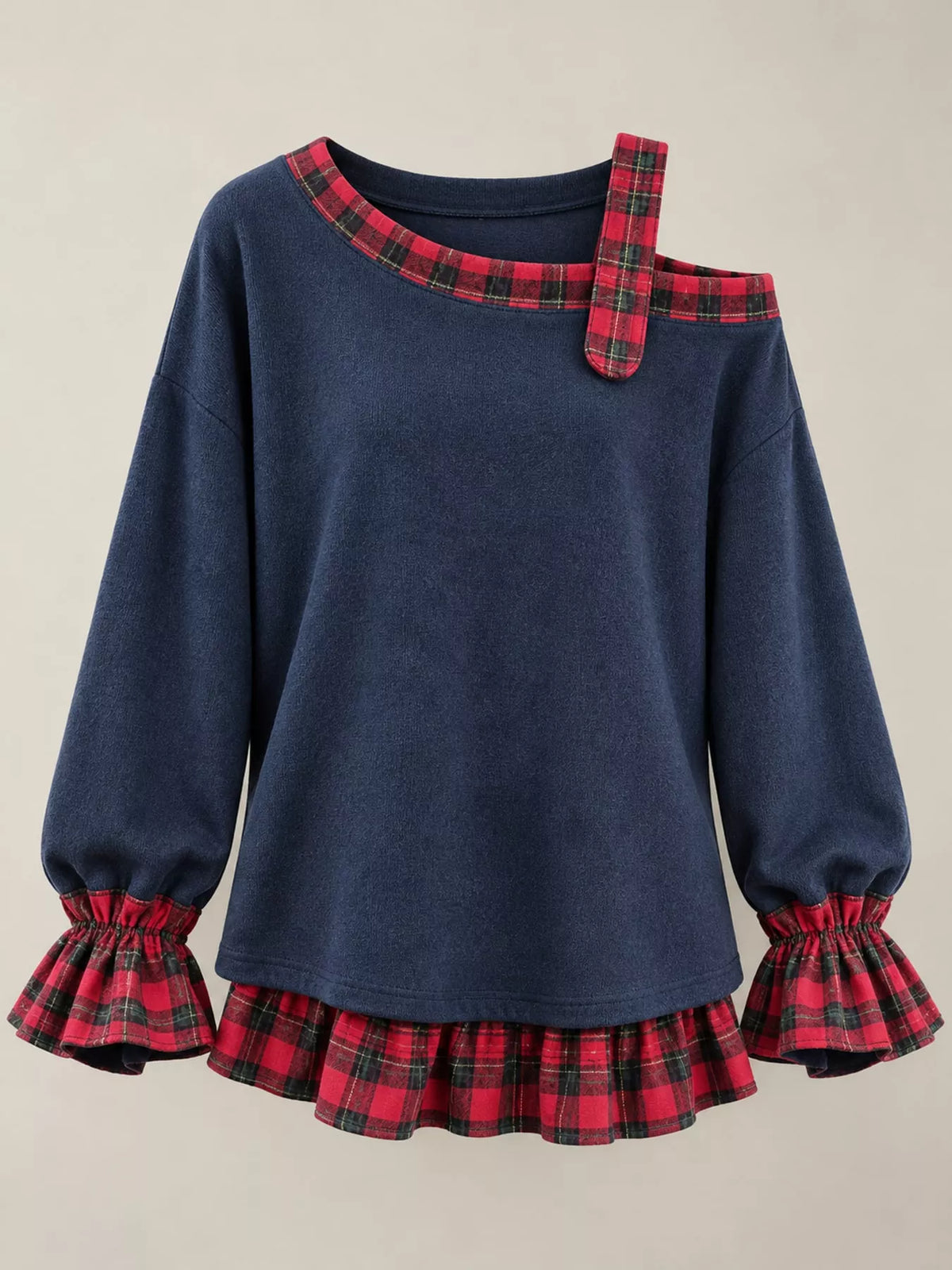 Curvy Women's Plaid Pullover with Ruffle Hem, 6 Colors