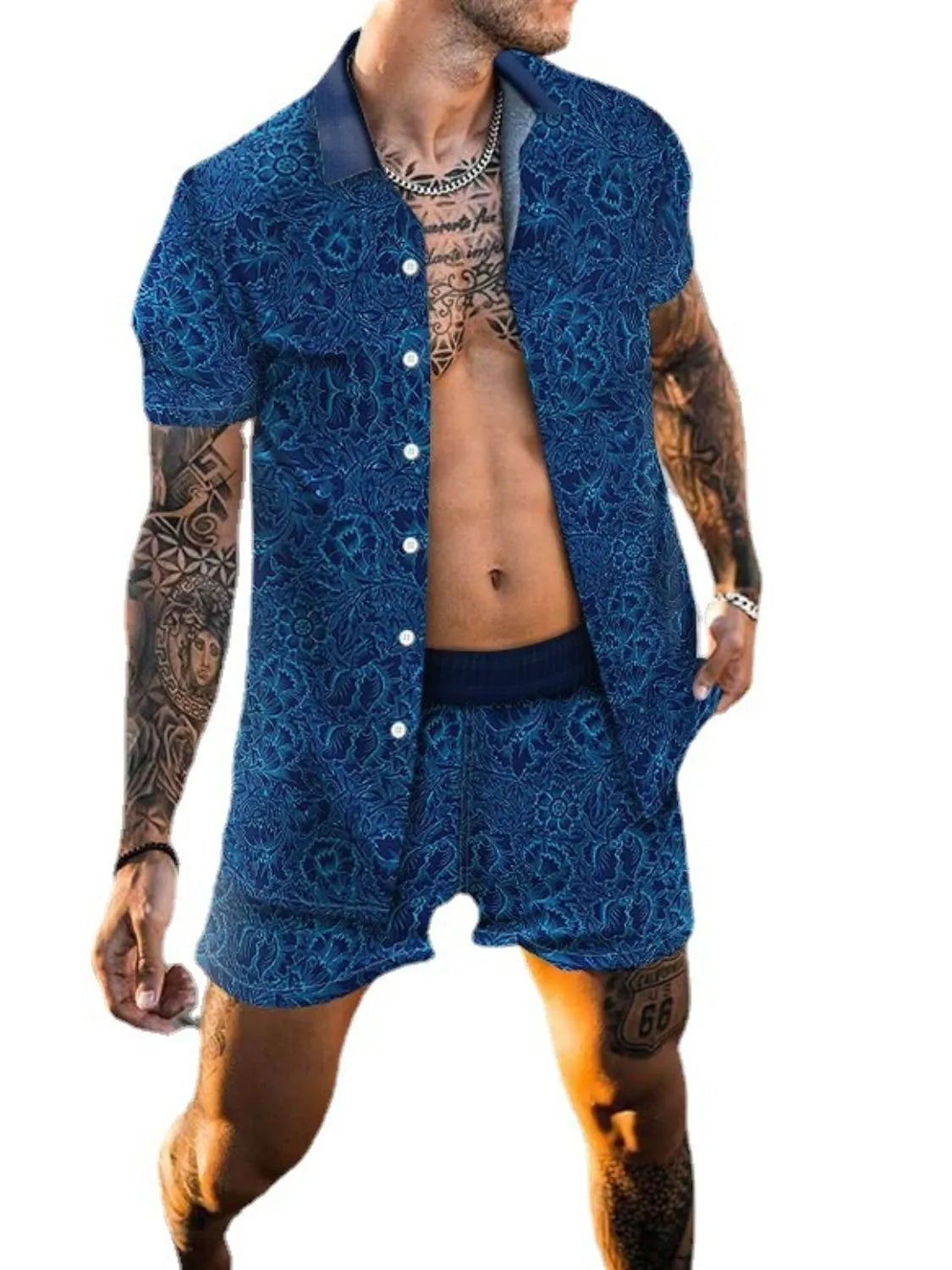 Men's Printed Collared Neck Short Sleeve Top and Shorts Set