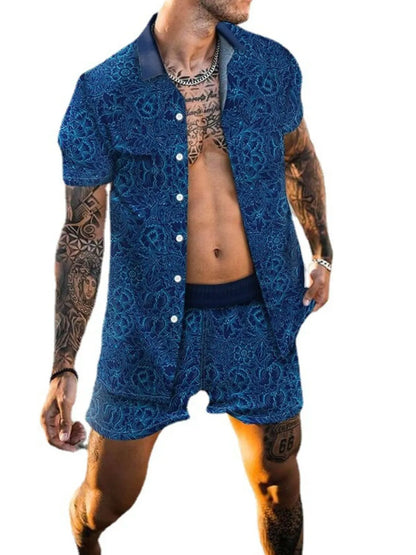 Men's Printed Collared Neck Short Sleeve Top and Shorts Set