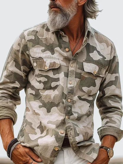 Men's Full Size Camouflage Print Shirt with Dual Chest Pockets Plus Size