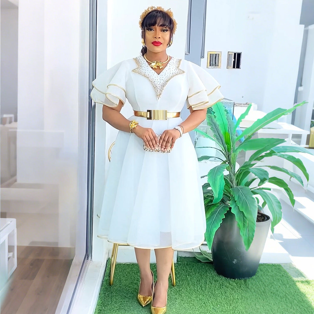 V-neck Bubble Bead Dress with Belt