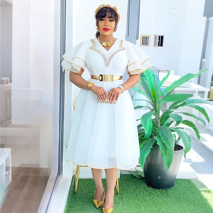 V-neck Bubble Bead Dress with Belt