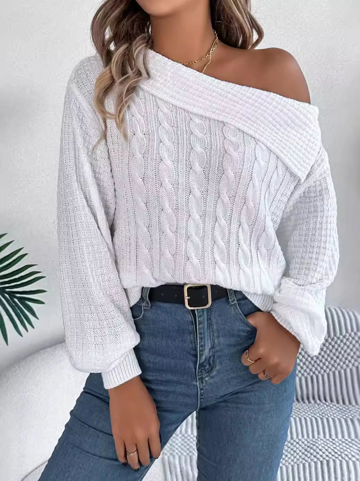 One-shoulder cable knit sweater in white, camel or orange