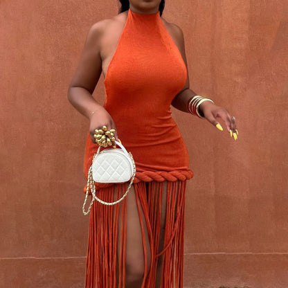 Tassel hanging neck backless solid color dress