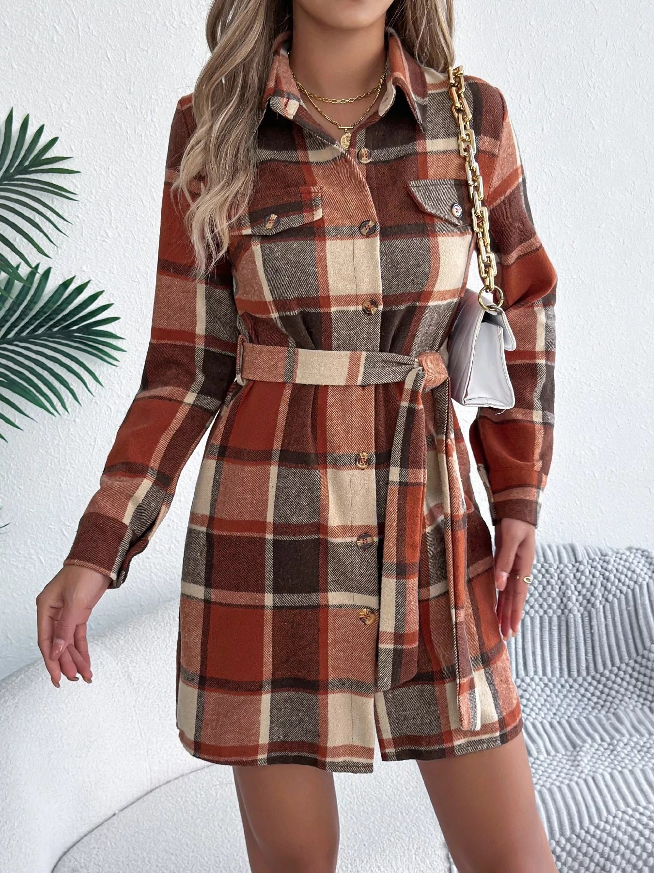 Plaid Button Front Tie Waist Shirt Dress