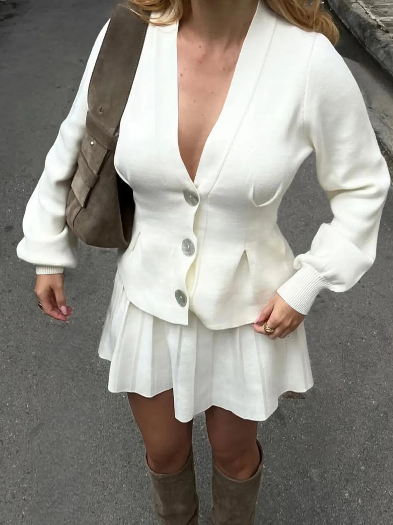 Button-Up V-Neck Knit Cardigan