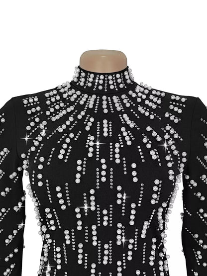 Pearl Detail Mock Neck Maxi Dress