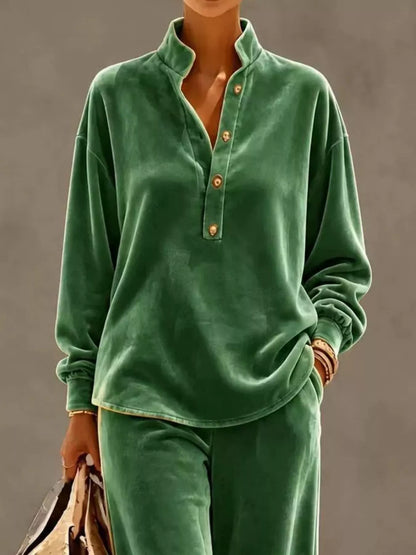 Plus Size Half Button Top & Wide Leg Pants Set