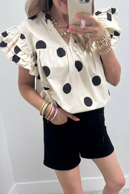 Casual Polka Dot V-Neck Short Sleeve Blouse