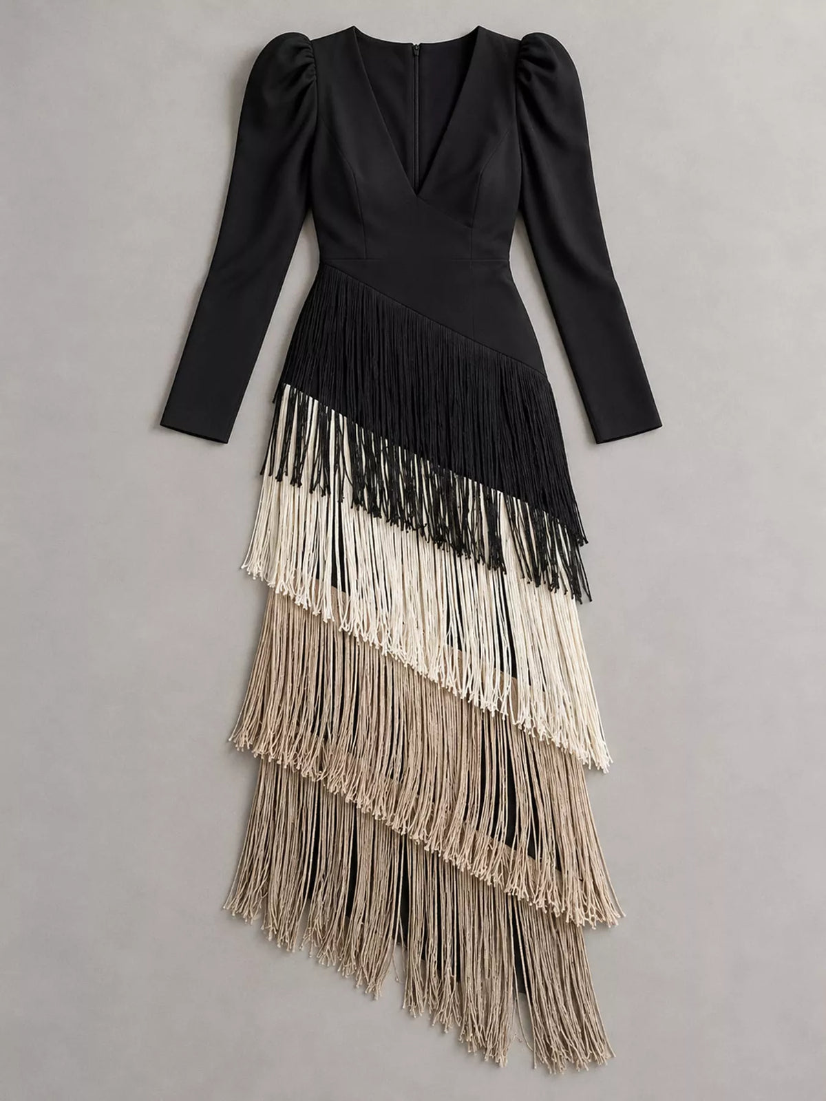 Plus Size Fringed V-Neck Puff Sleeve Party Dress