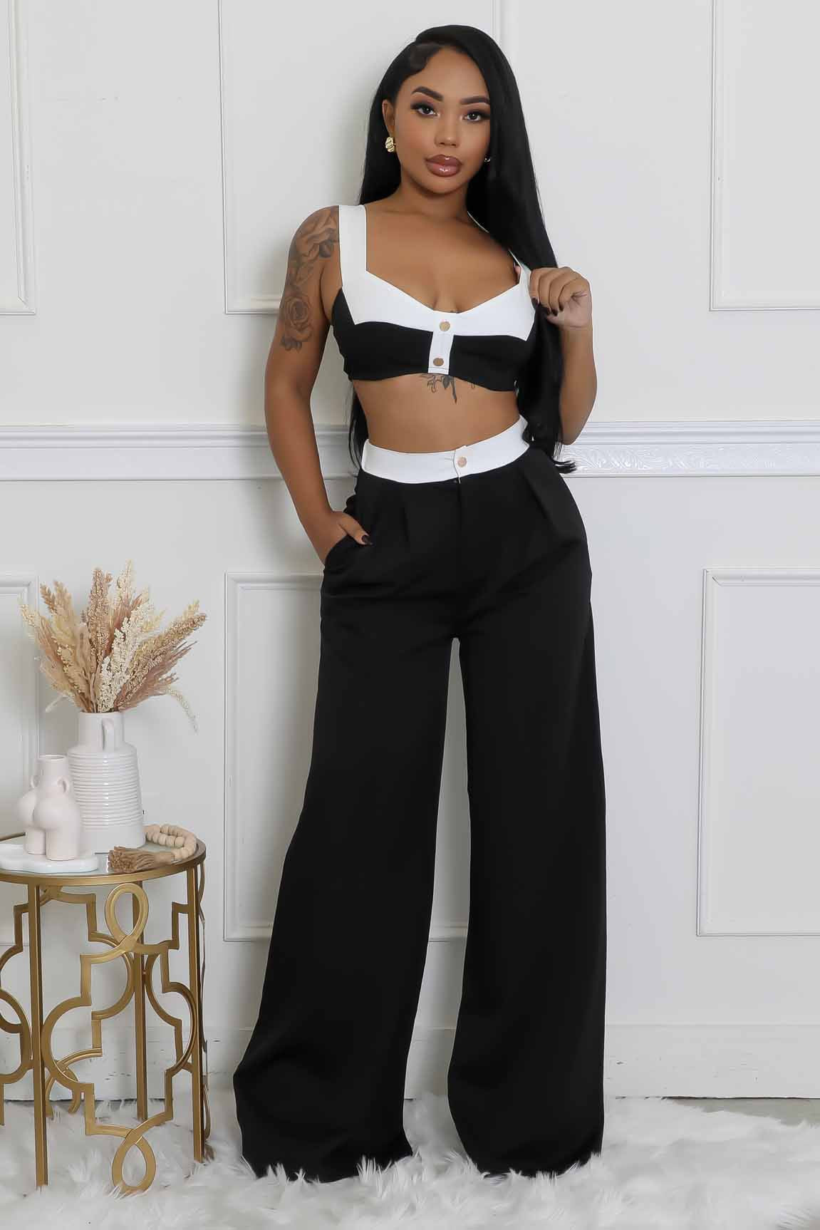 Strapped Color Blocked Wide Leg Pants Set