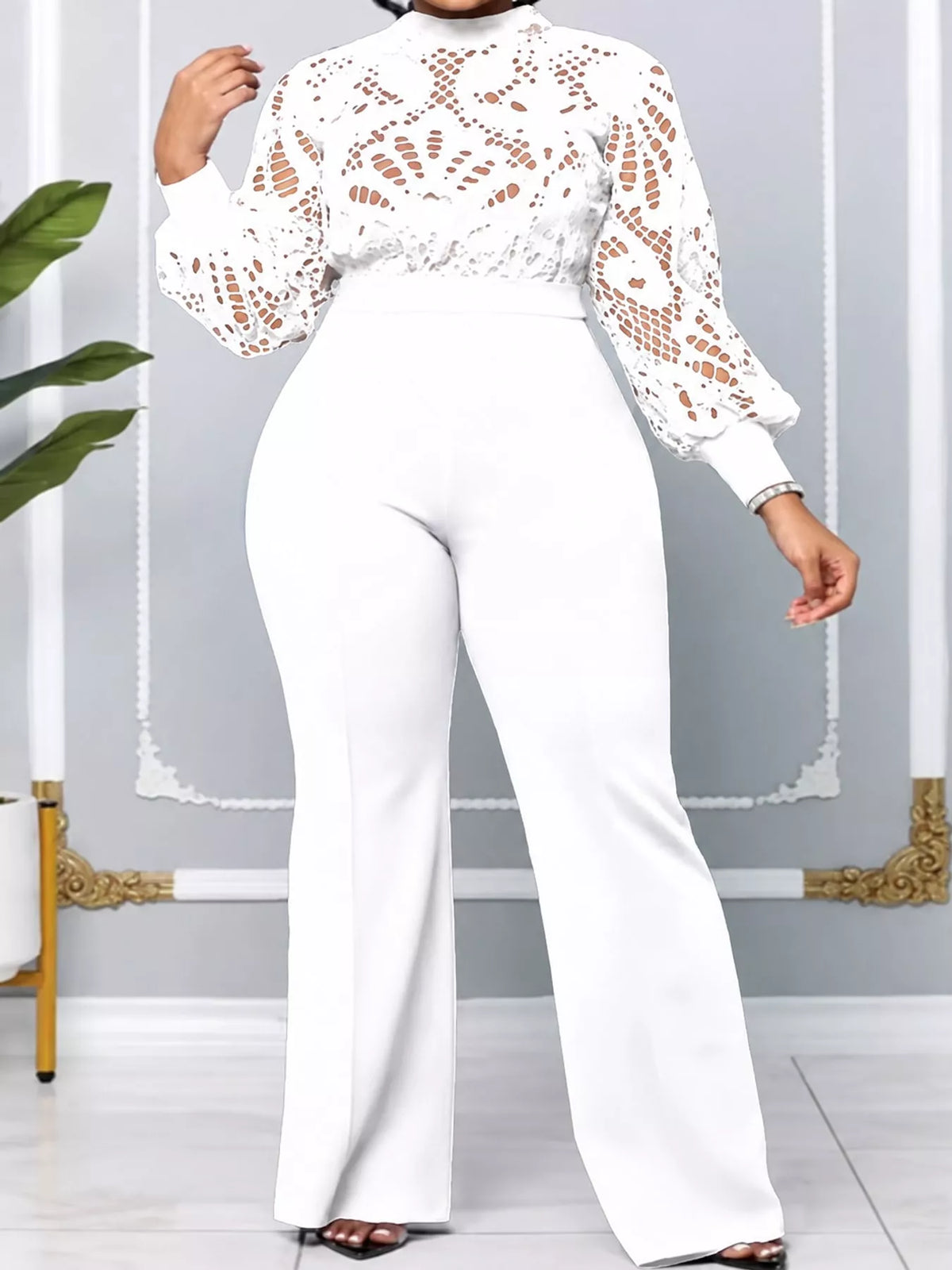 Plus Size Lace Lantern Sleeve Flare Jumpsuit