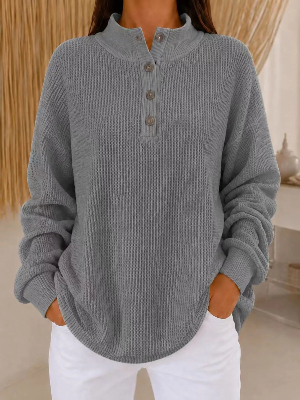 Full Size Waffle Knit Button Detail Sweatshirt Plus Size