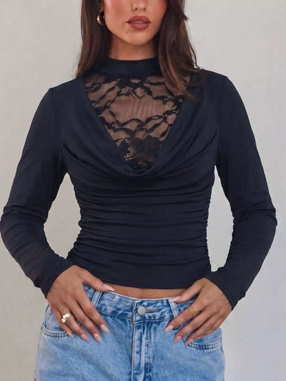 Lace Mock Neck Long Sleeve T-Shirt