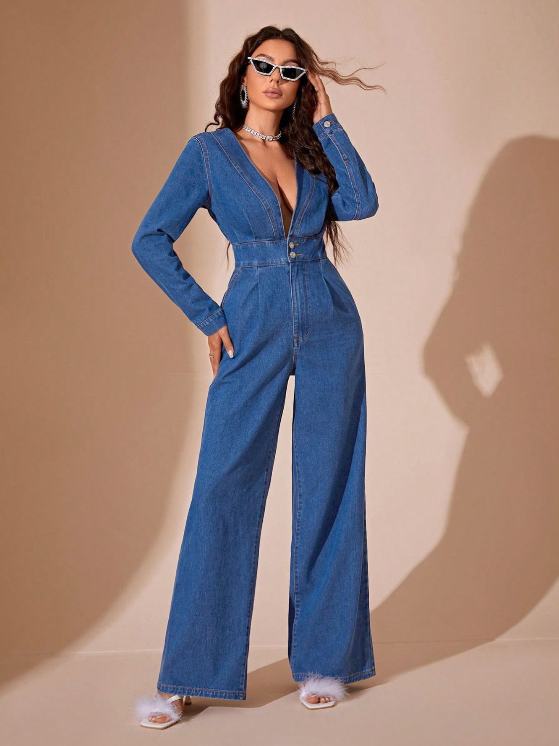 Plunge Wide Leg Denim Jumpsuit